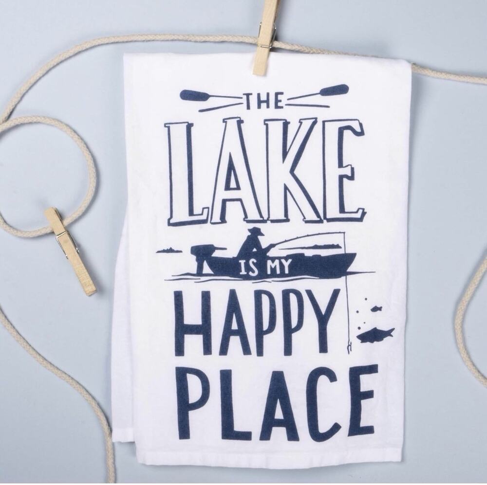 NWT ‘The Lake is My Happy Place’ Blue Kitchen Tea Towel - Primitives By Kathy